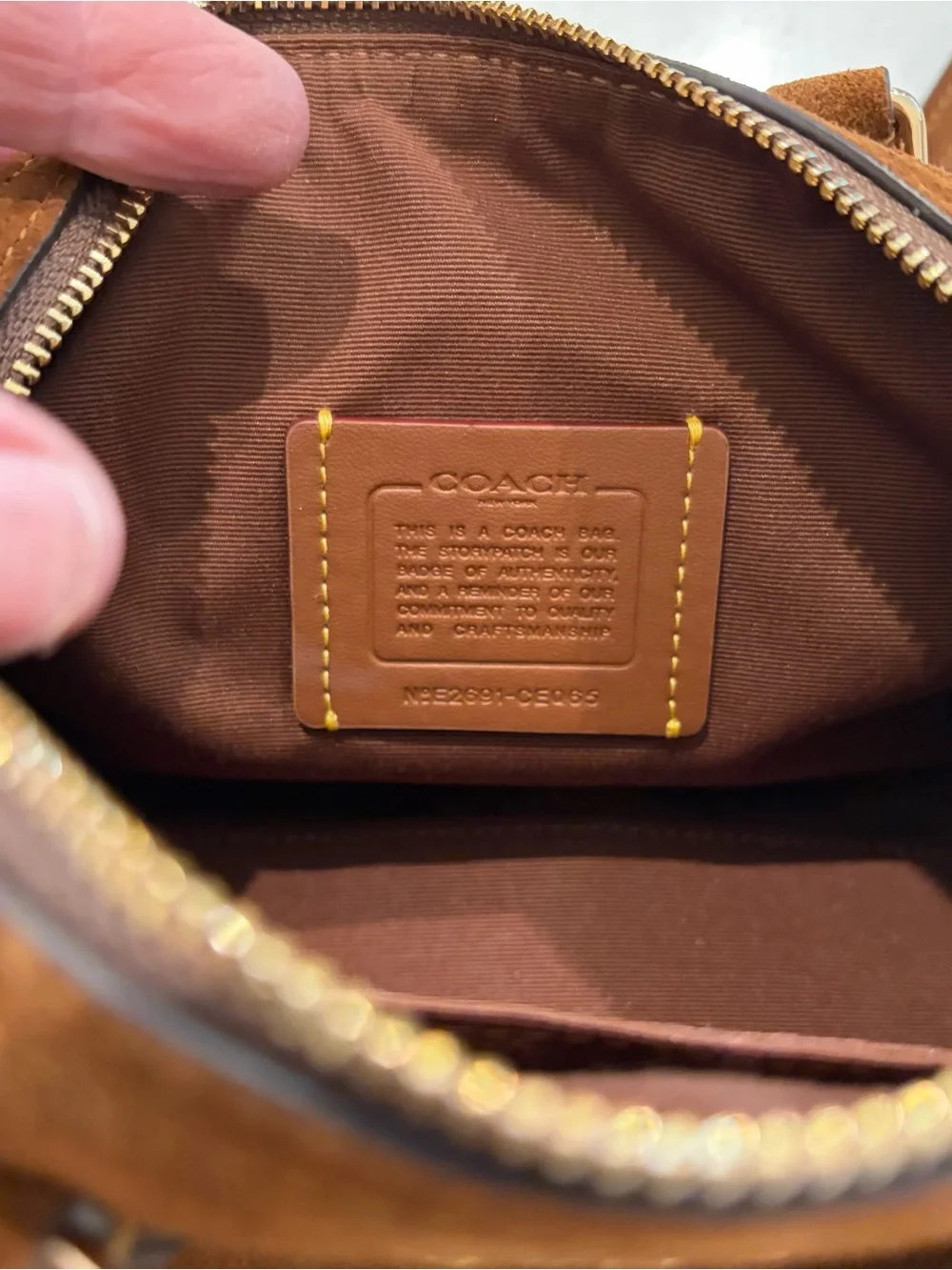 Coach Mini Rowan Suede Satchel in Chestnut Brown with Gold Hardware and wallet